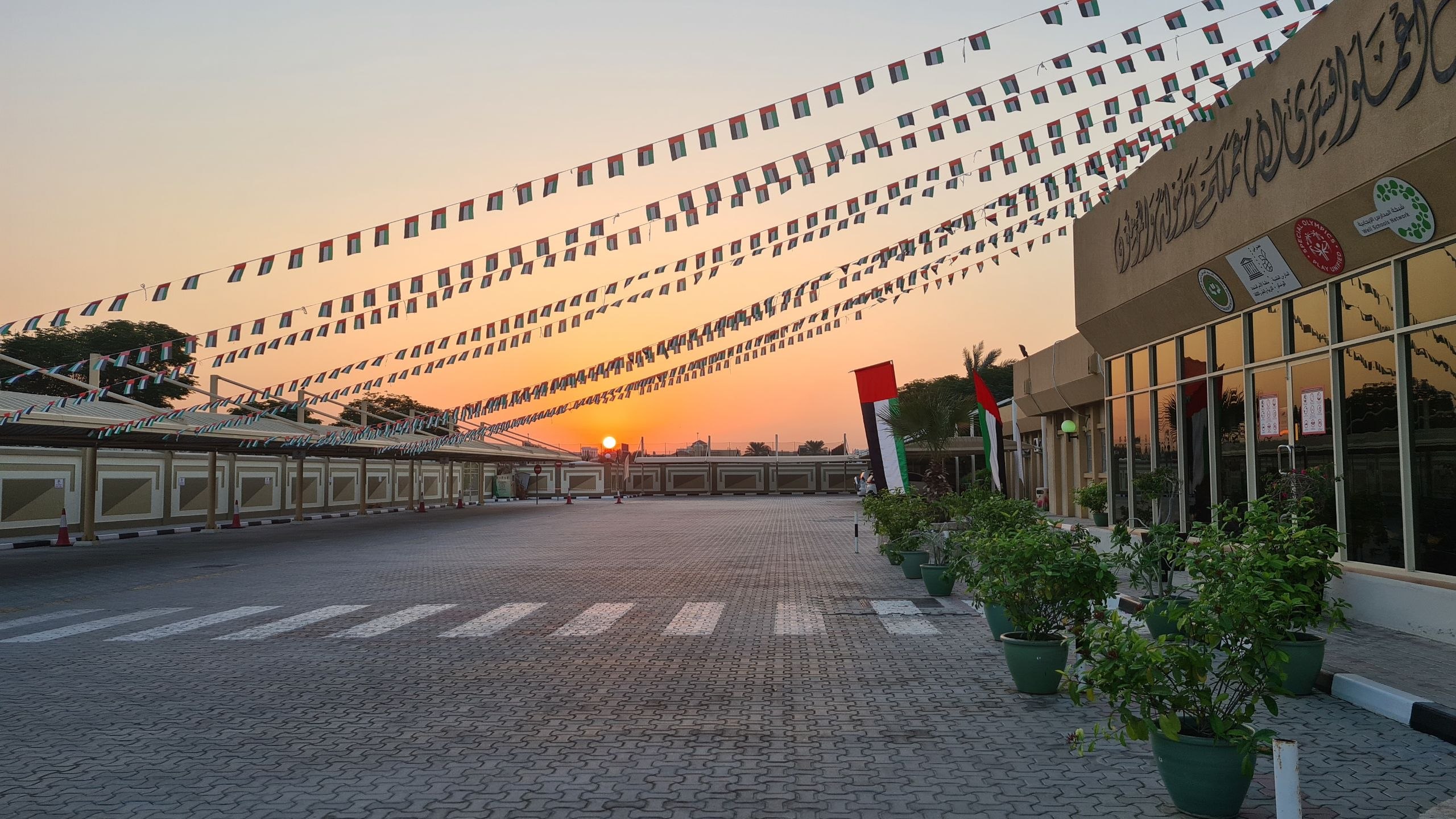 School campus at sunset with UAE flags